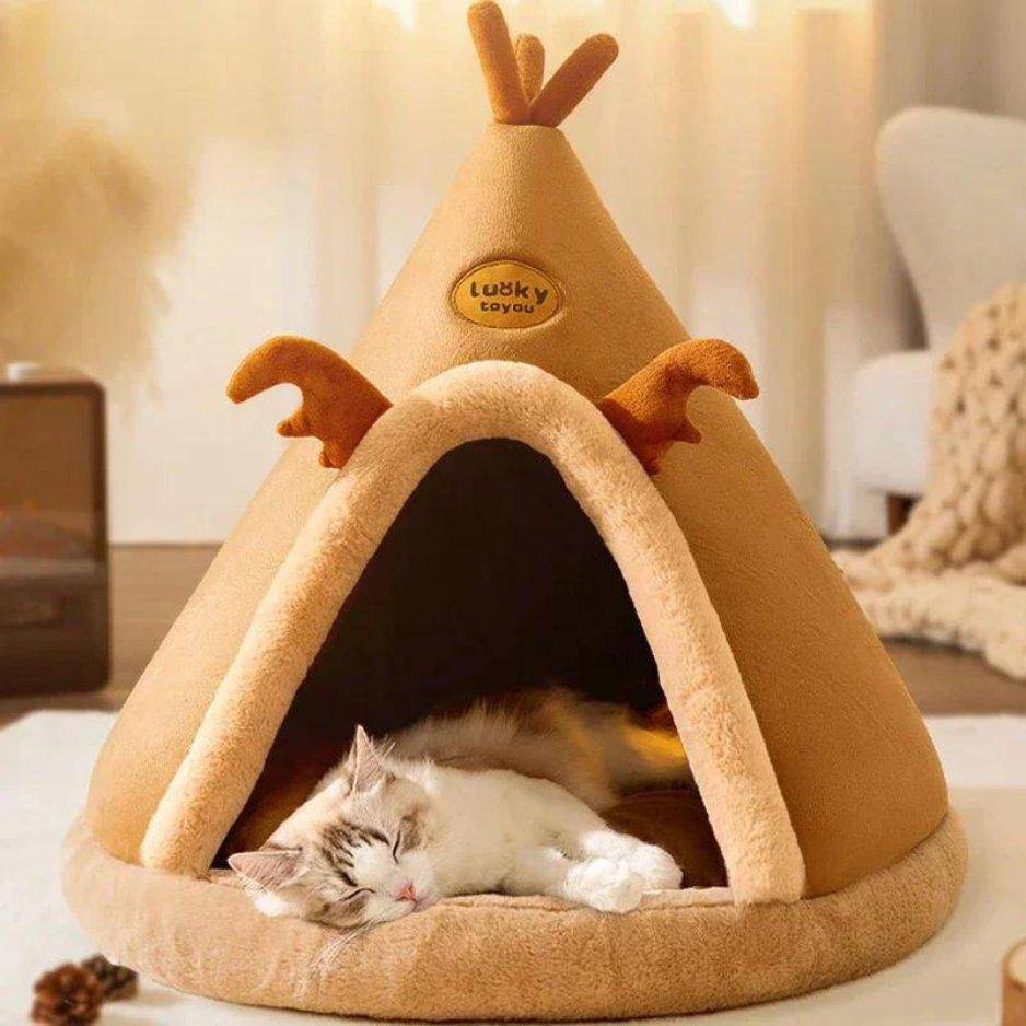 Teepee Cat Bed featuring a unique tent-like design, perfect for creating a cozy, private space for your cat to relax and sleep