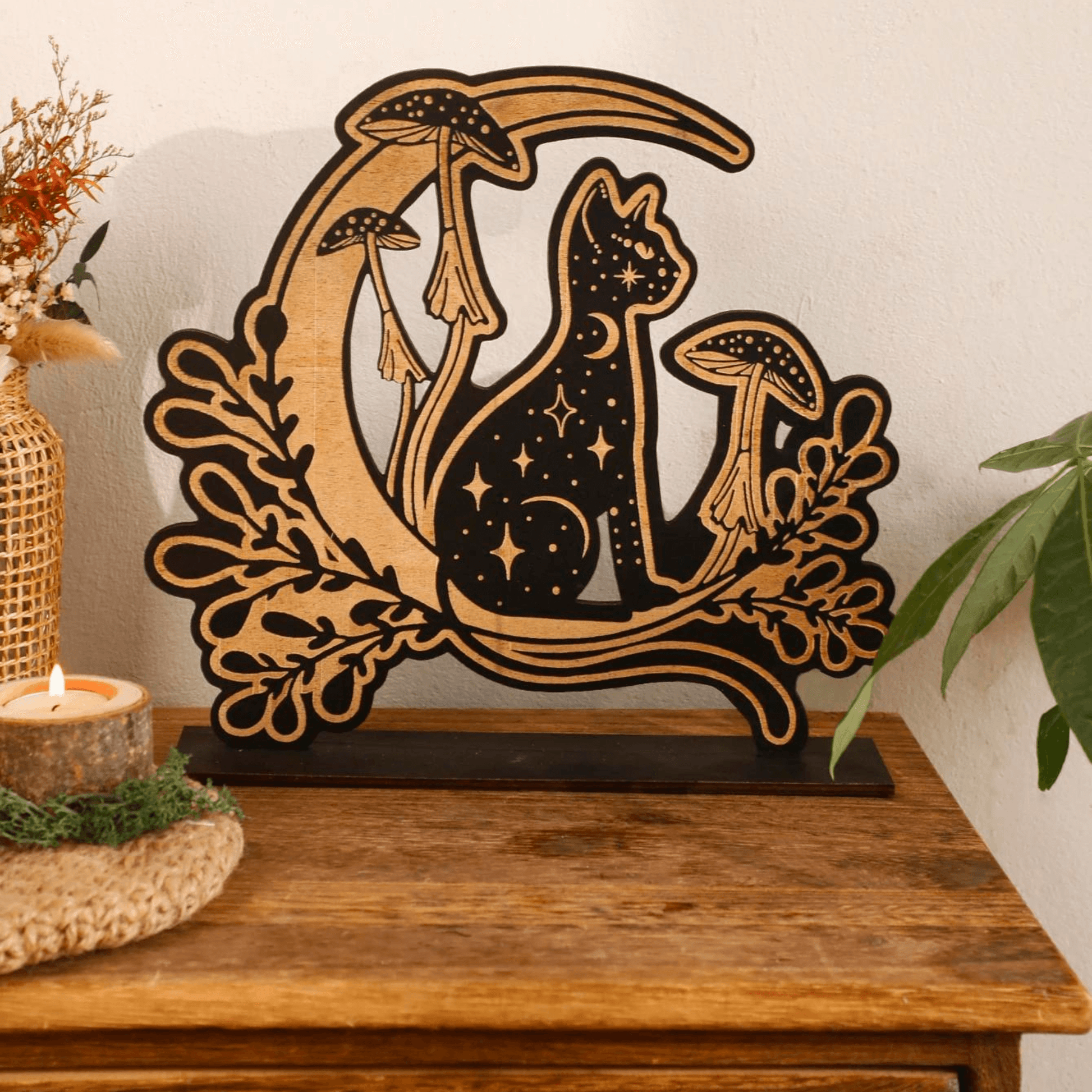 Handcrafted Black Cat Wooden Ornament made from high-quality wood.