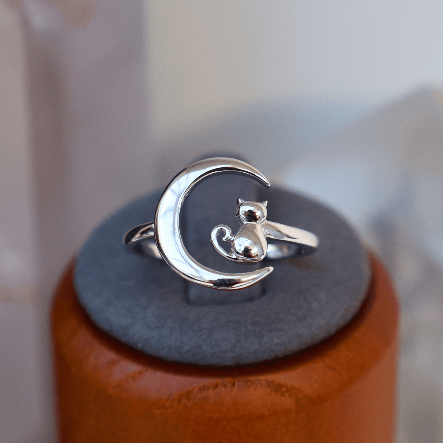 The Luna Cat Ring combines elegance with a whimsical cat and moon design