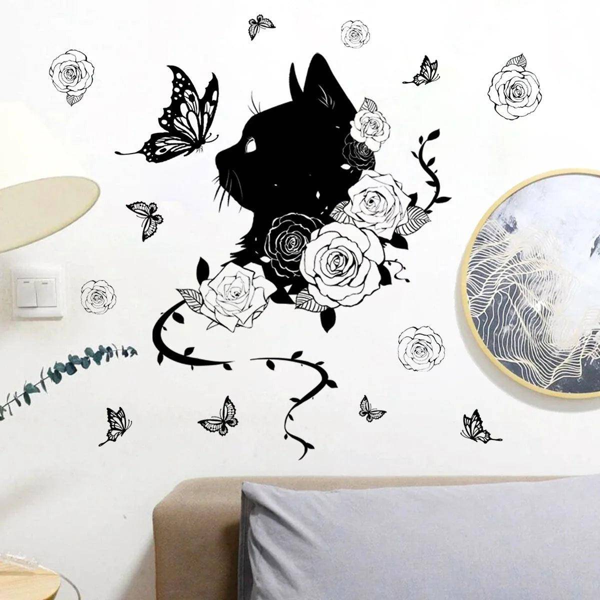 Removable Cat & Butterfly Wall Sticker, ideal for renters and home décor enthusiasts.