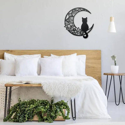 Black Cat Moon Wall Art featuring a mystical black cat sitting under a crescent moon