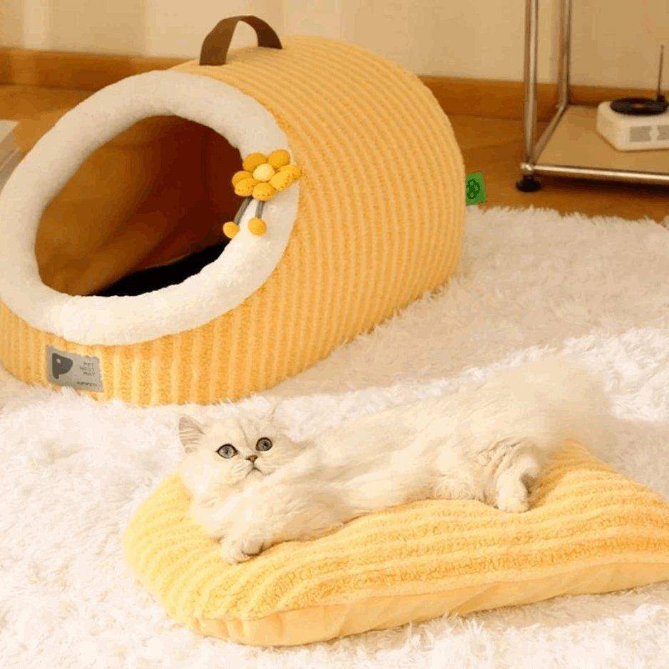 The Cat Basket Bed combines comfort and style, offering a soft, cushioned base with raised sides for added support and security