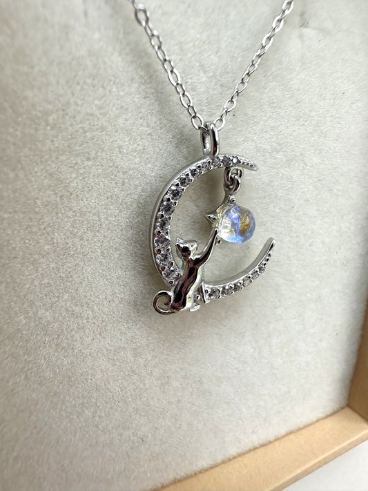 Sitting On The Moon Crescent Sterling Silver Cat Necklace Gift for Cat lover Cat Jewellery Cat Lover Woman Necklace Lover Animal Jewellery