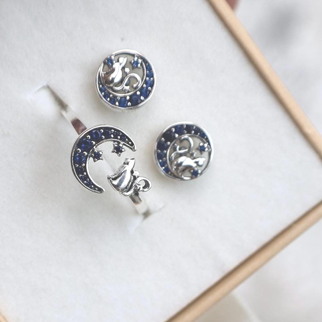 Midnight Stars Silver Cat Earrings and Ring Set Jewelers Cat Jewelry Cat Moon Silver Cat Lover Earrings Cat Mum Birthday Mother Day Wife