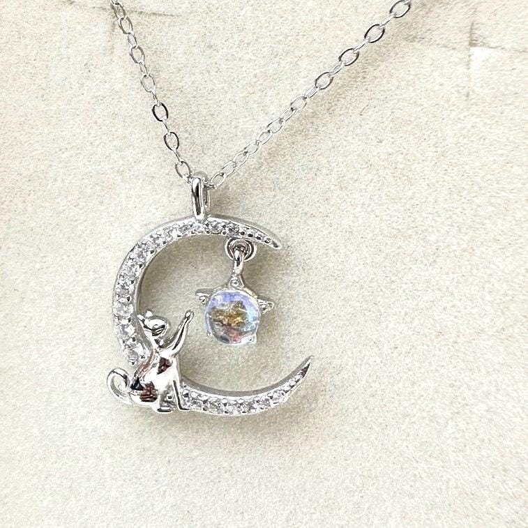 Sitting On The Moon Crescent Sterling Silver Cat Necklace Gift for Cat lover Cat Jewellery Cat Lover Woman Necklace Lover Animal Jewellery