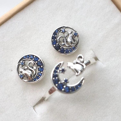 Midnight Stars Silver Cat Earrings and Ring Set Jewelers Cat Jewelry Cat Moon Silver Cat Lover Earrings Cat Mum Birthday Mother Day Wife